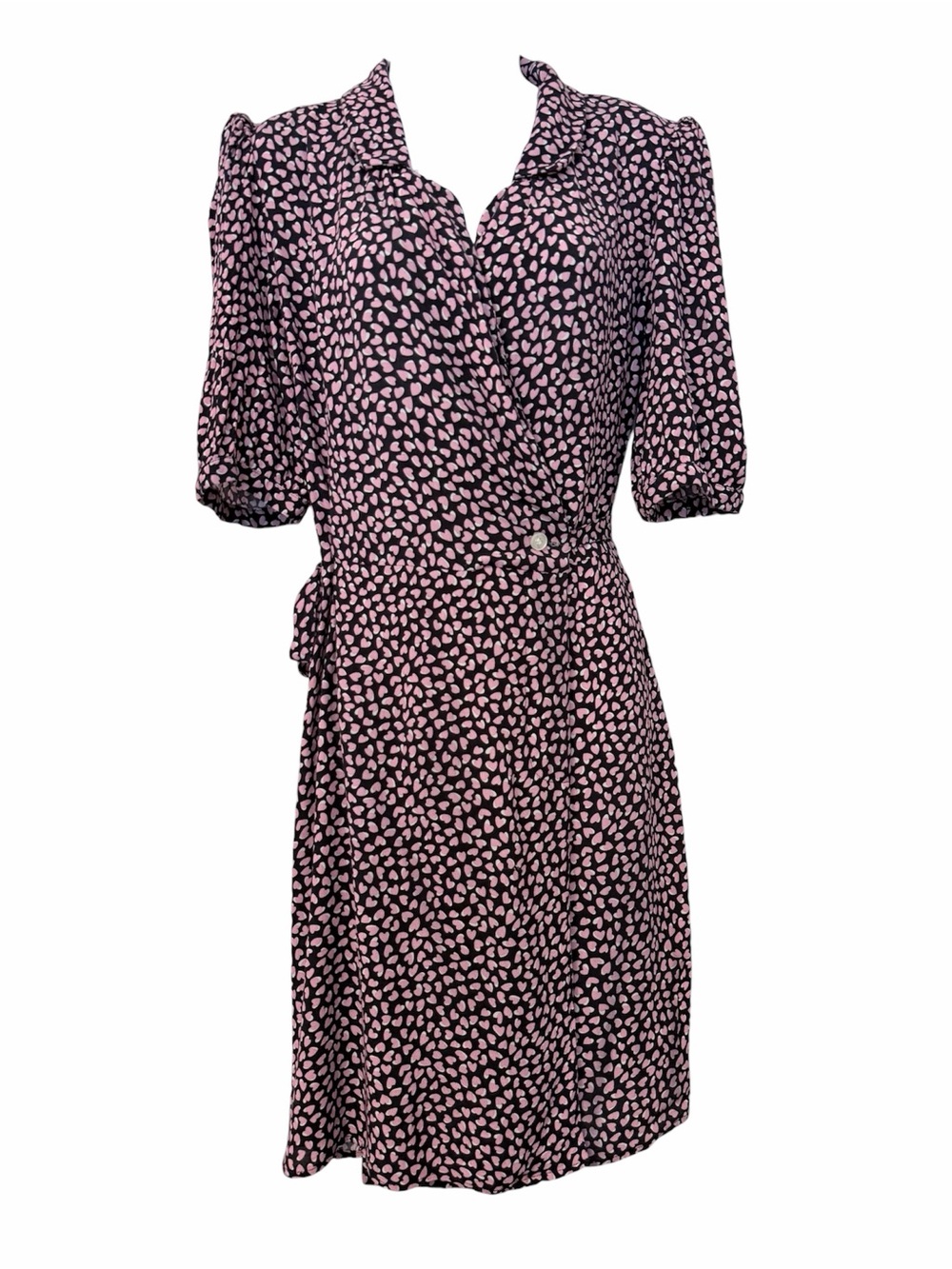 Rouje Pink and Black Heart-Print Wrap Midi Dress 38